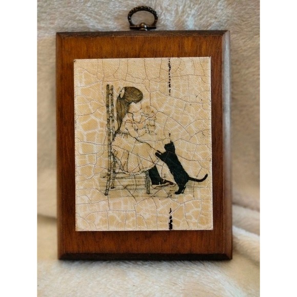 Vintage 1994 Mam Original art wood wall plaque -girl and cat- crackle look - Picture 2 of 6